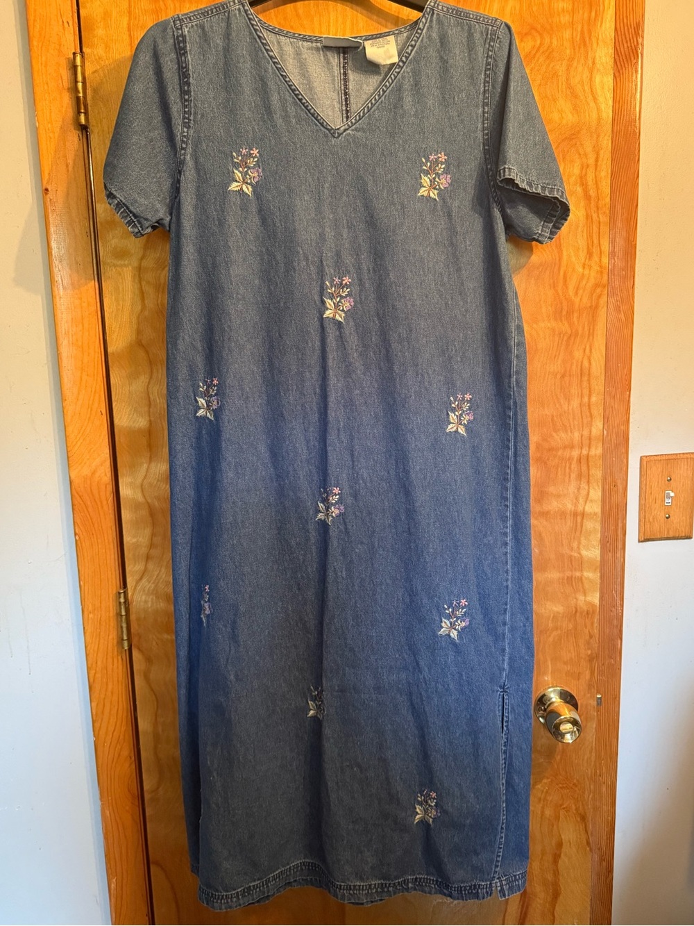 VTG Erika and Co. Denim blue Jean  Dress Embroidery womens large short sleeve
